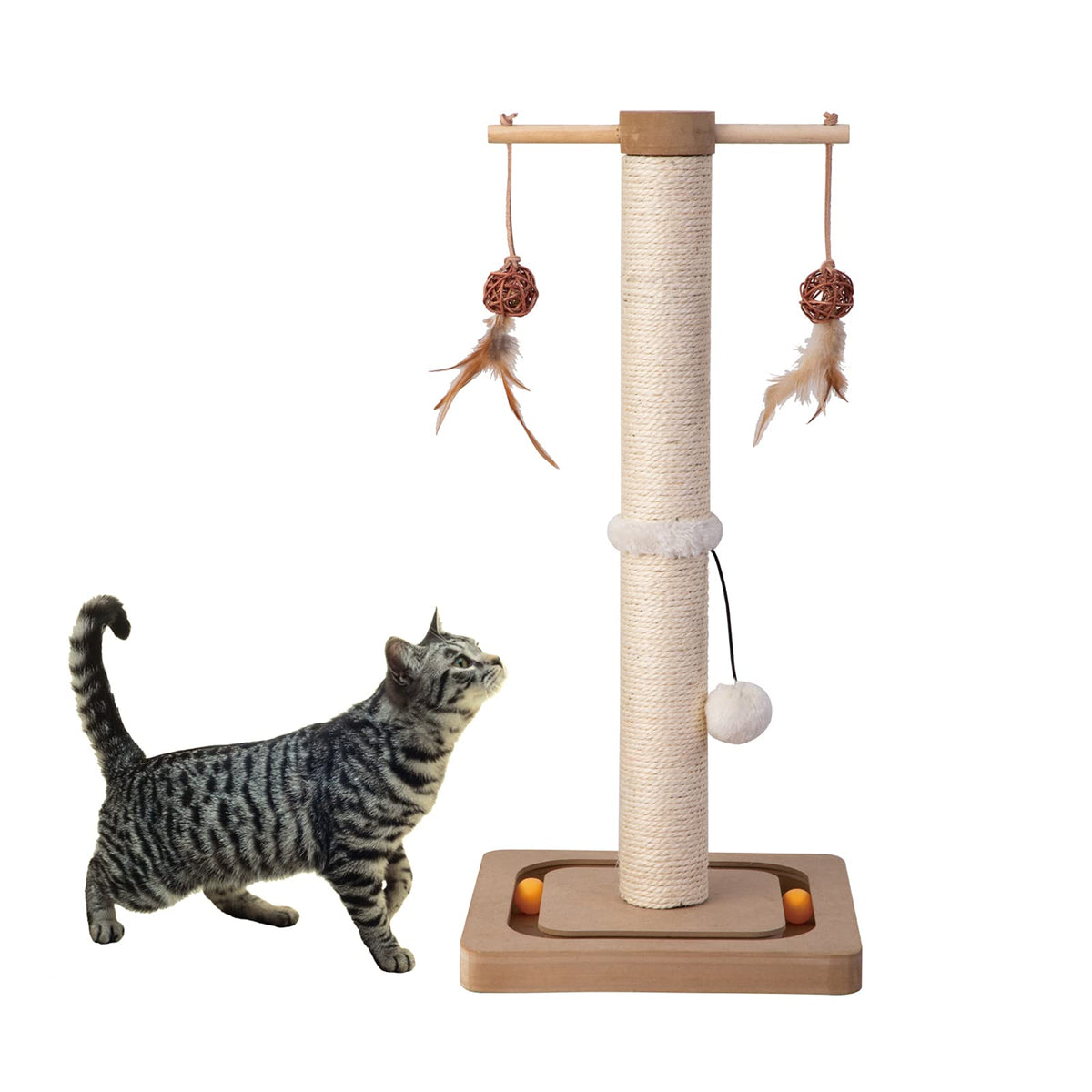 PEEKAB Cat Scratching Post Sisal Scratch Posts for Indoor Cats and Kittens,with Tracking Ball Interactive Toys and Hanging Balls 25 Inches Beige