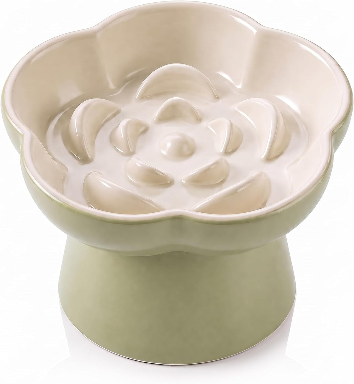 Ceramic Elevated Slow Feeder Cat Bowl, Raised and Gently Tilted Feeding Dish with Maze Design, Whisker-Friendly, Easy to Clean, for Indoor Cats and Small Dogs (Green/Ivory)