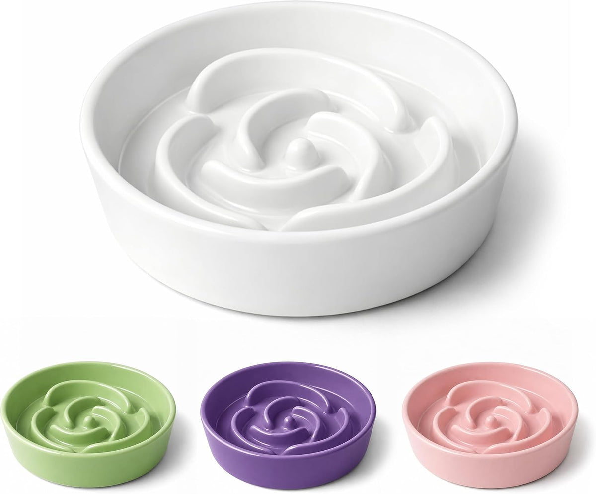 TRUVIC Ceramic Slow Feeder Dog Bowls Small Breed, 0.6 Cup Slow Feeder Cat Bowls for Fast Eaters, Ceramic Dog Food Dish no Black Chin, Puzzle Bowl for Small Dogs and Cats, White