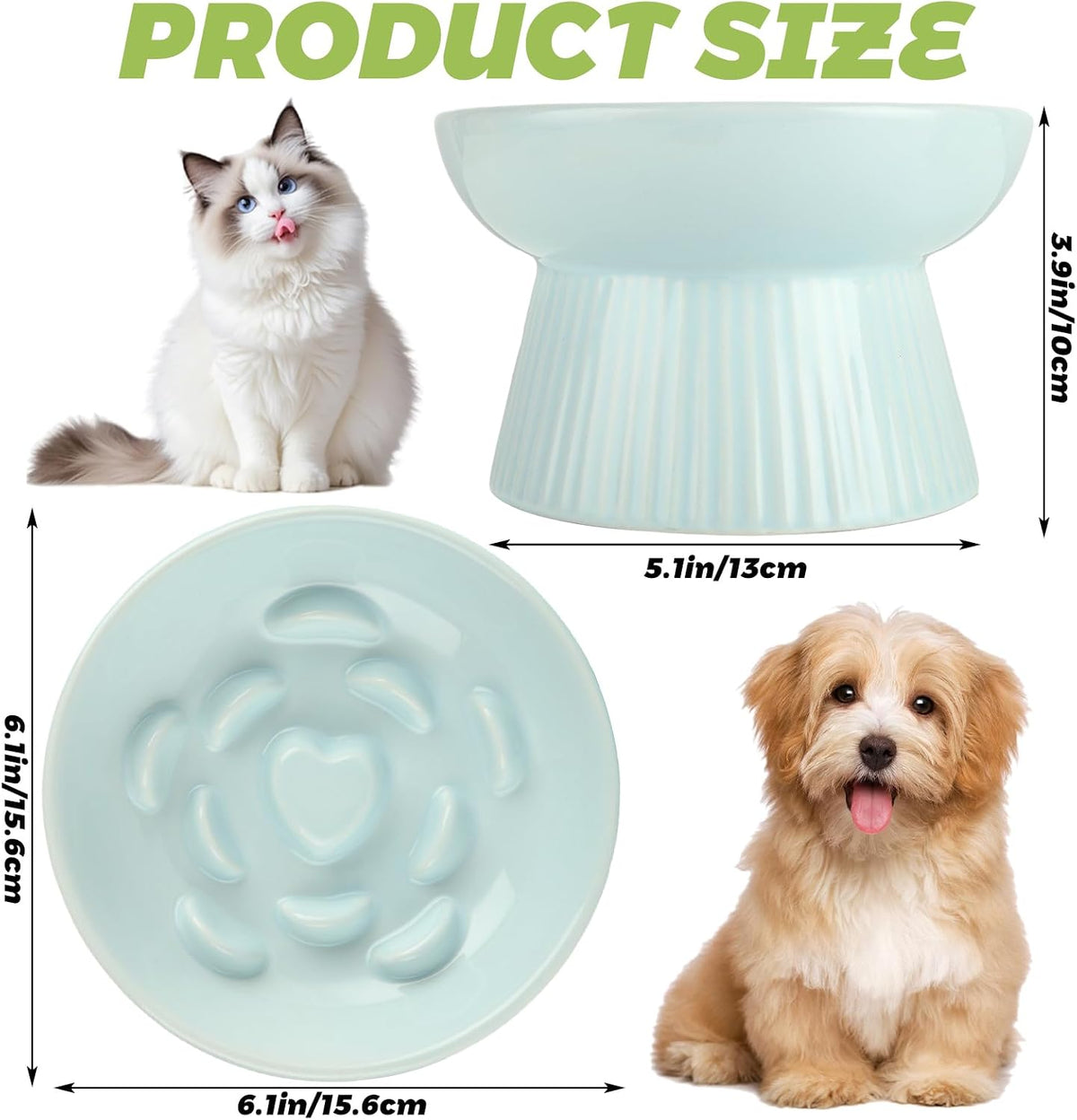 ABuff 2 Pack Raised Cat Slow Feeder, Elevated Slow Feed Dish for Cats and Small Dogs, Ceramic Slow Feeder Cat Bowl, No Spill High Edge for Dry/Wet Food(Blue, Green)