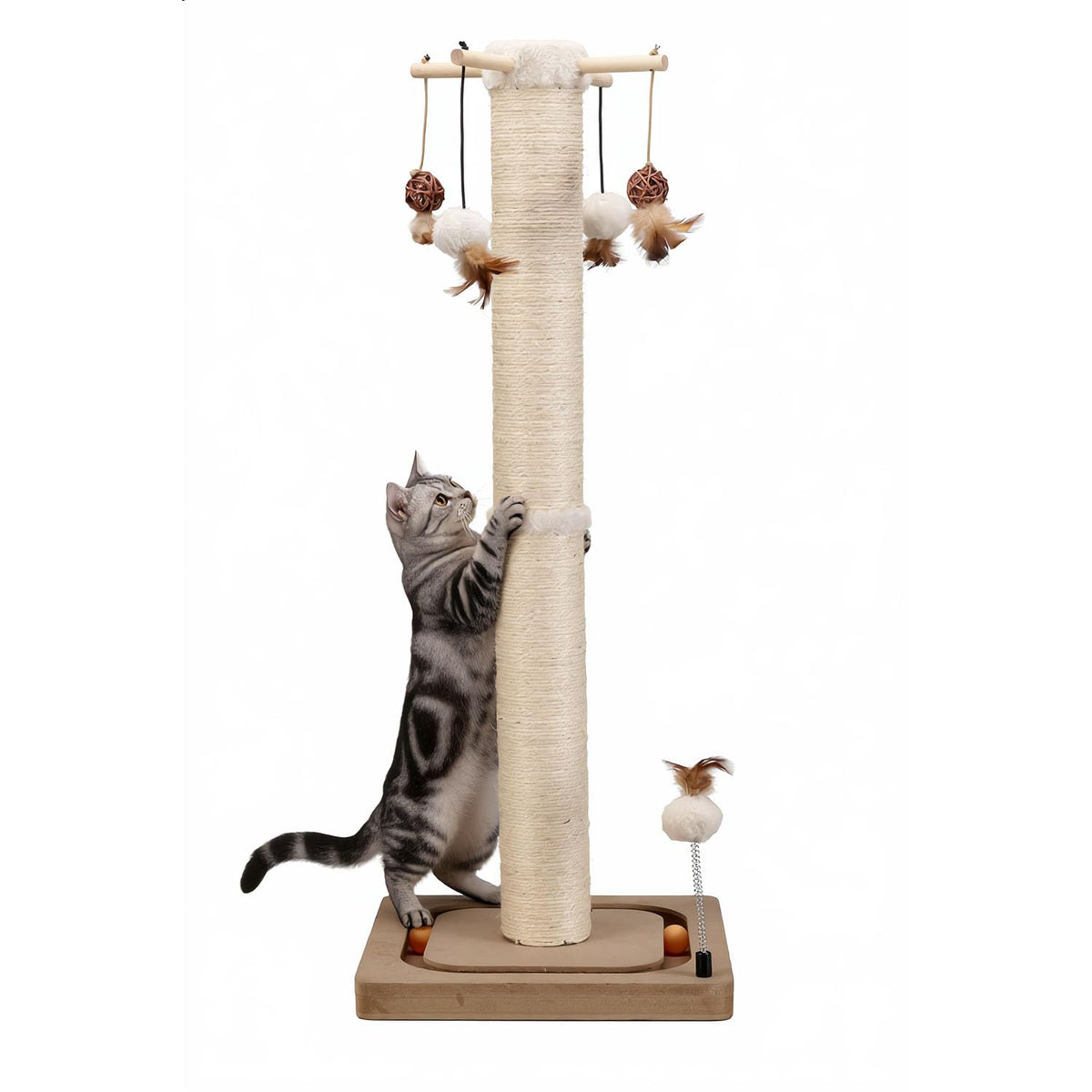 PEEKAB Cat Scratching Post Sisal Scratch Posts for Indoor Cats and Kittens,with Tracking Ball Interactive Toys and Hanging Balls 25 Inches Beige
