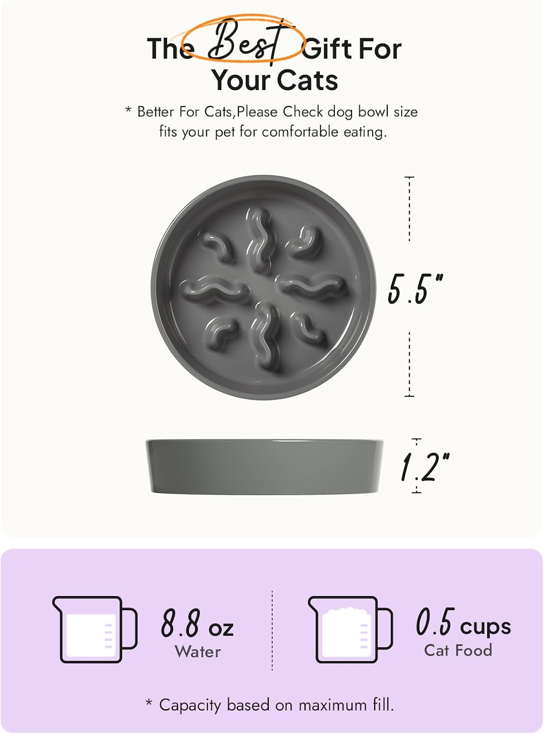 Ceramic Slow Feeder Dog Bowls Small Breed, 0.5 Cups Dog Food Dish for Fast Eaters, Puzzle Bowl for Small Dogs and Cats, 5.5 Inch-Grey