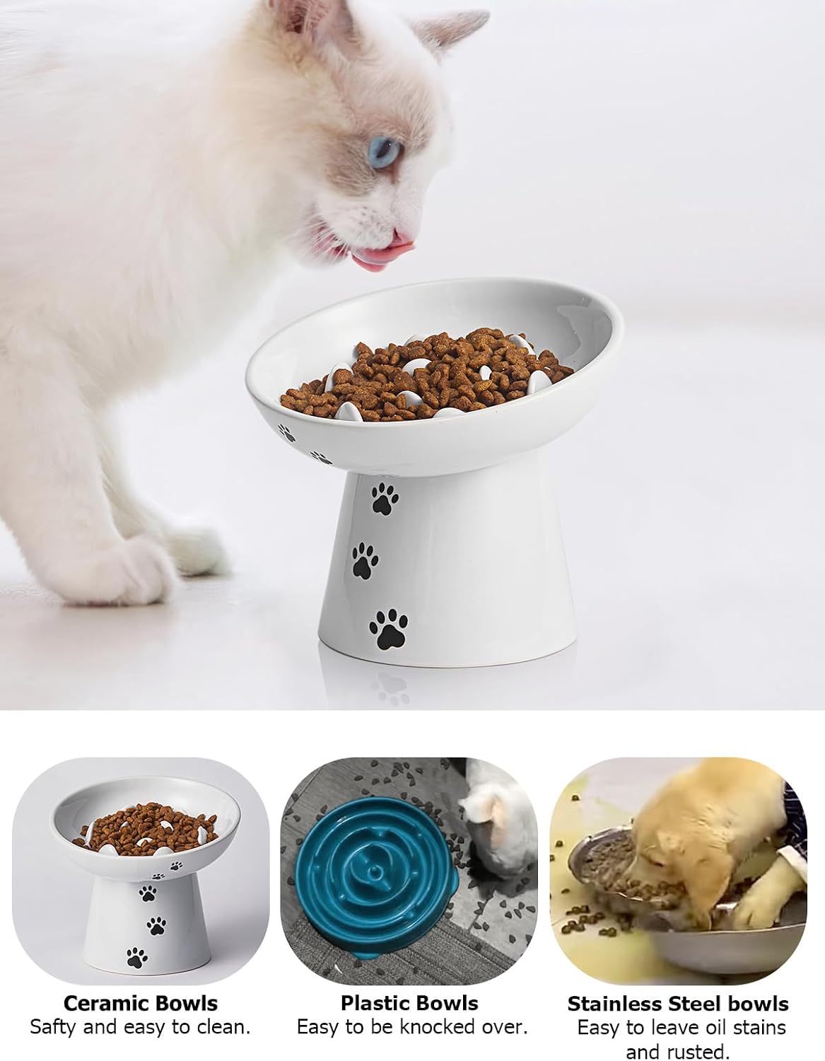 Y YHY Slow Feeder Cat Bowl, Ceramic Cat Slow Feeder Bowl, 6 Inches, Elevated, Anti Vomiting for Dry and Wet Food, White