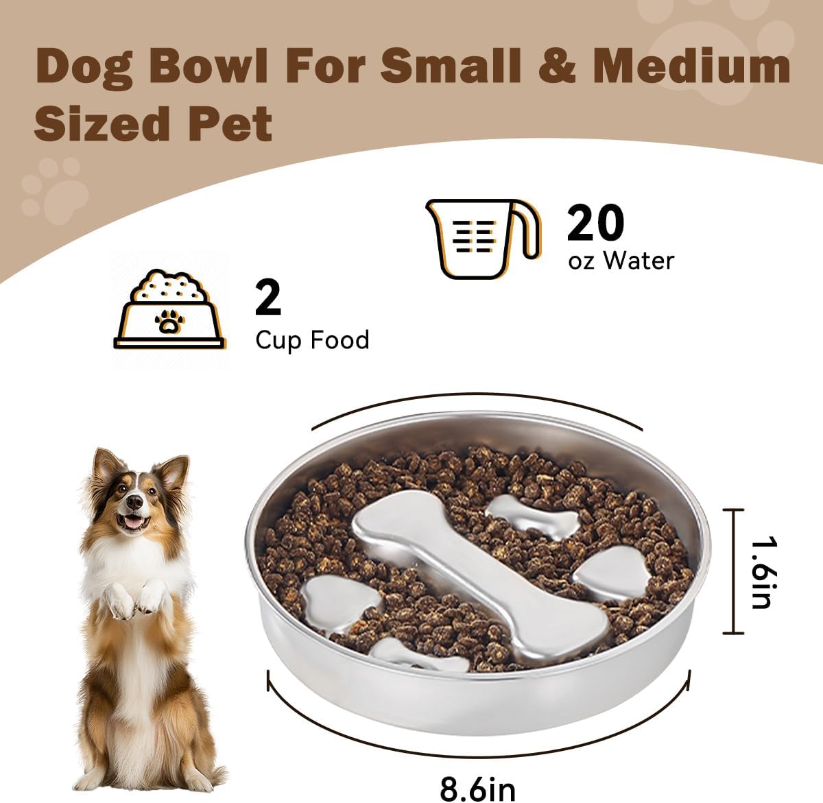 Slow Feeder Dog Bowl 304 Stainless Steel, 2 Cups Cat Slow Feeder for Small Medium Breed, Non-Slip Metal Puzzle Maze Dishes Set for Food Water to Slow Eating, Pet Feeder Plate Large Capacity, Round