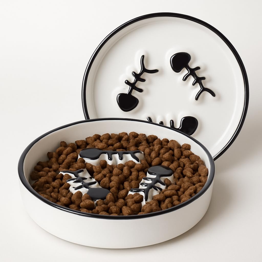 Ceramic Elevated Slow Feeder Cat Bowl, Anti Vomit, Removable Dish, Black