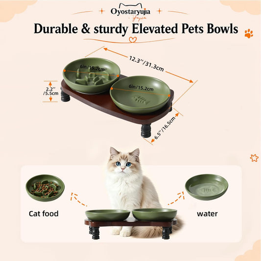 Cute 3 in 1 Ceramic Elevated Cat Bowl Stand, Raised Slow Feeder Cat Bowl