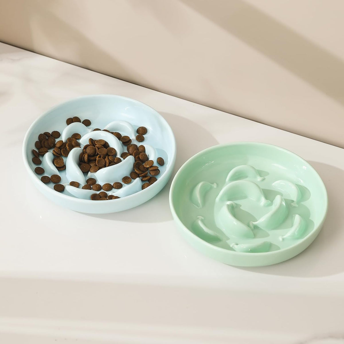 2 Pack Ceramic Cat Slow Feeder Bowl Set, 6.3" Wide, Slow Eating 5X