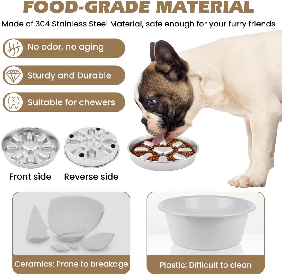 Slow Feeder Dog Bowls with Measuring Spoon, Stainless Steel Slow Feed Pet Bowl with Non-Slip Mat, Metal Feeder Dog Bowl for Small, Medium, Large Dogs to Slows Down Eating