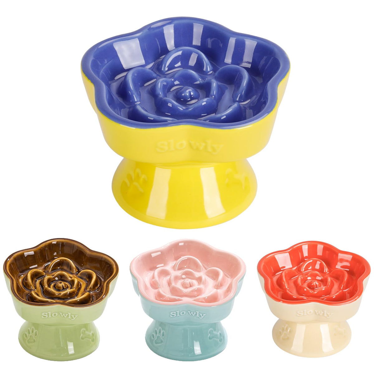 S&Q's CERAMICS Raised Slow Feeder Cat Bowl, Ceramic Elevated and Titled Glass Food Bowl Small Dogs Slow Feeder, Flower Shaped Cute Cat Dish for Dry and Wet Food (Pink, 5.8")