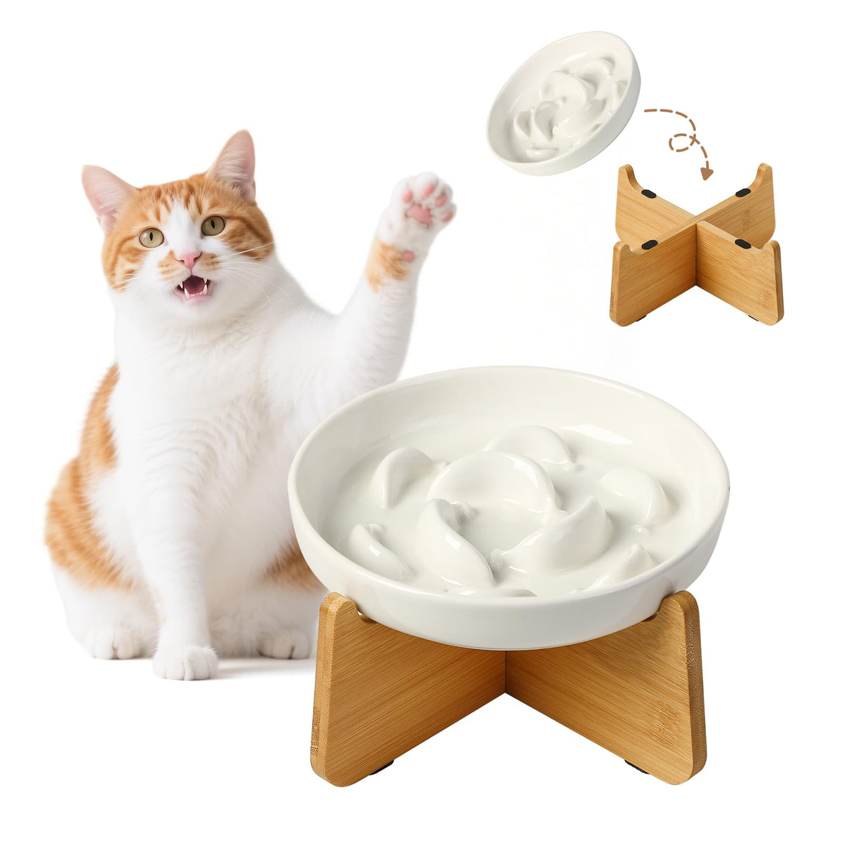 Ceramic Slow Feeder Cat Bowl, 6.3'' Wide Whisker Friendly Cat Puzzle Feeder