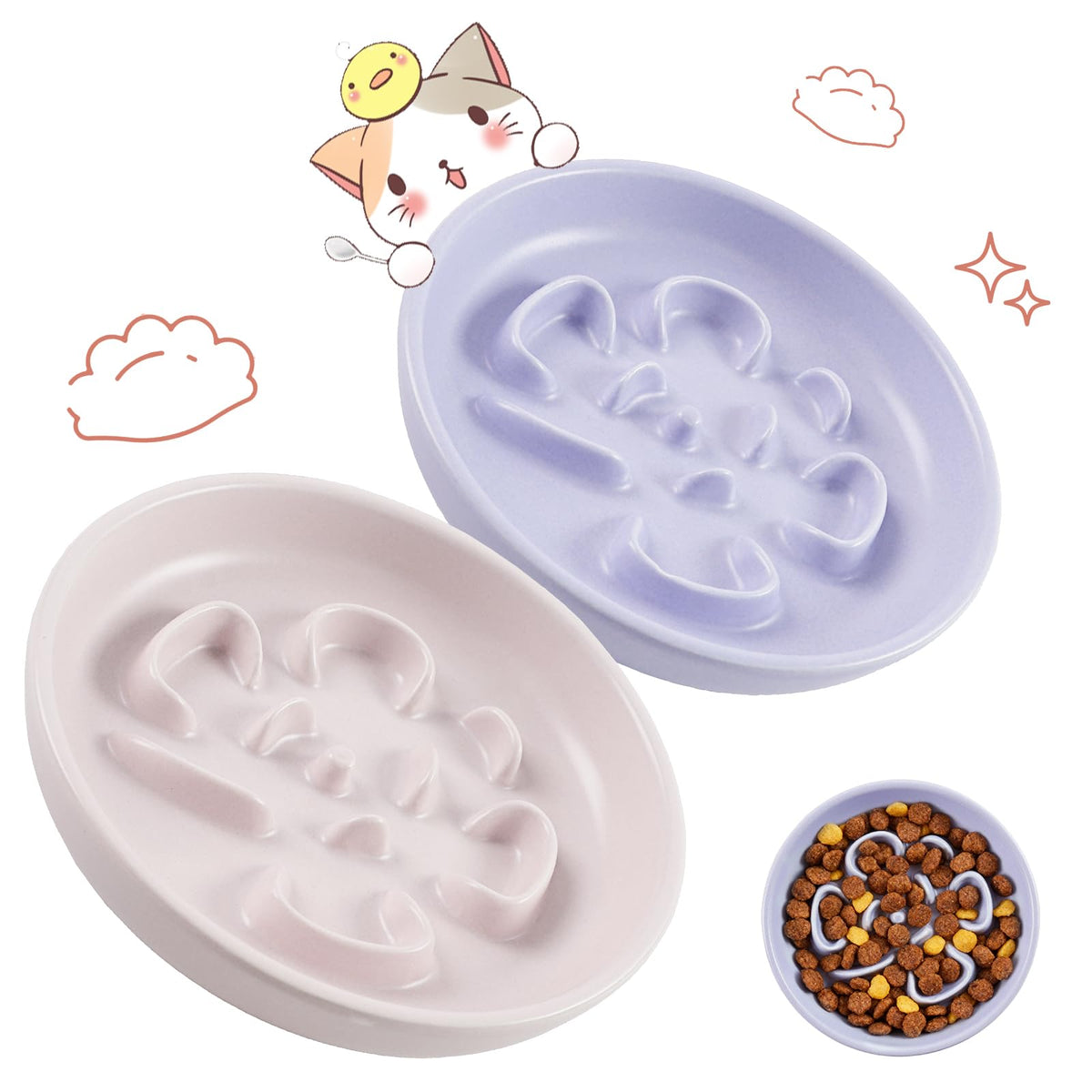 Cat Slow Feeder Bowl Set,1 Pcs Pastel Series Cat Plate for Dry and Wet Food
