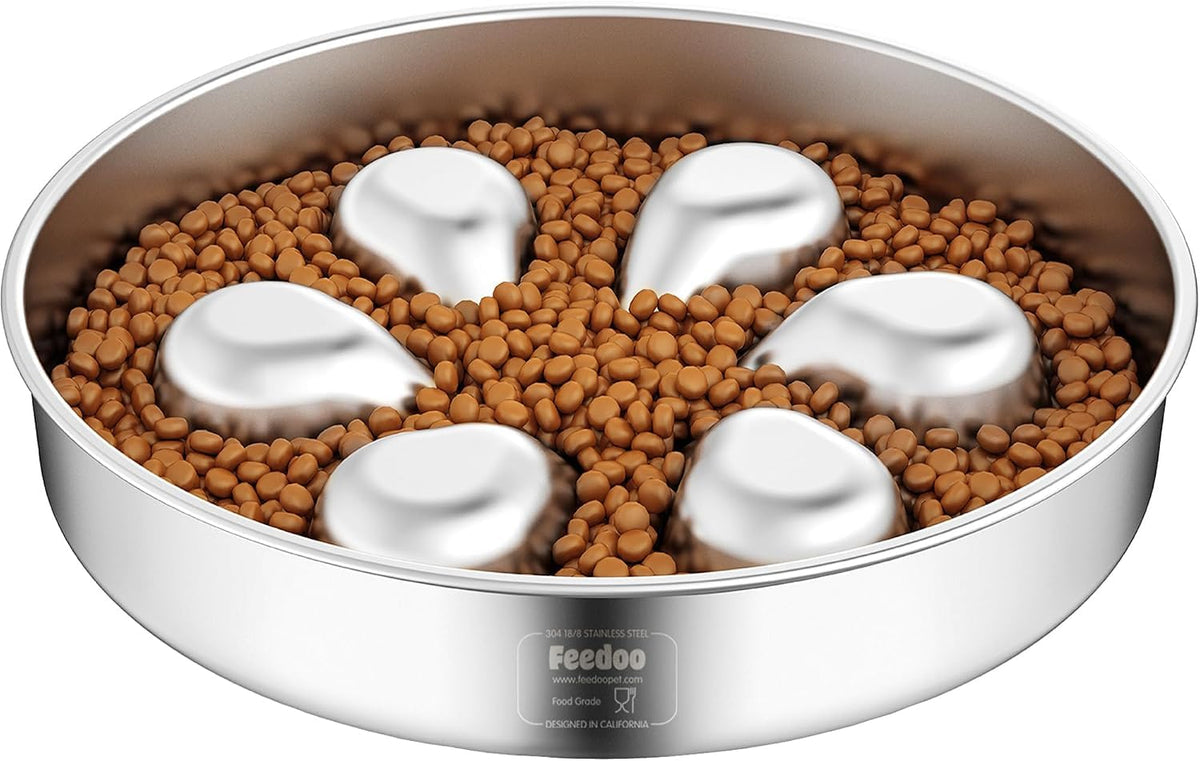 Feedoo Elevated Dog Bowl Stand, 6'' Height Raised Stand for Medium Dogs, Includes 2Cups Stainless Steel Slow Feeder Dog Bowl, Durable Solid Hardwood