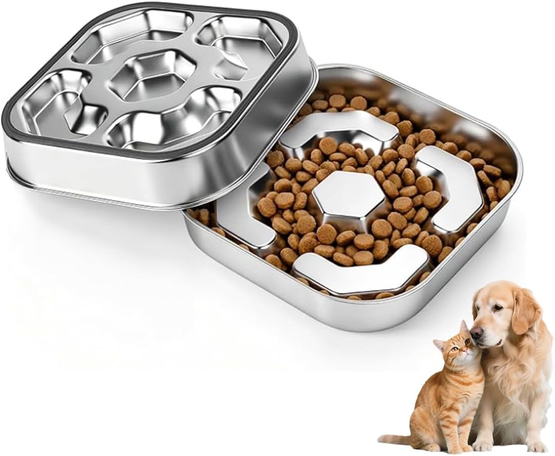 304 Stainless Steel Slow Feeder Dog Bowl, 2-4 Cups Puzzle Metal Pet Dishes