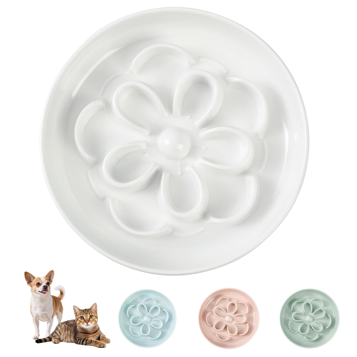 Melamine Cat Slow Feeder Bowl - Floral Maze Cat Food Dish - Flat Plate for Dry & Wet Food - Cute Kitten Bowl - Dishwasher Safe - 6.3'' W x 1'' H - 5.5 oz (160g) - Green