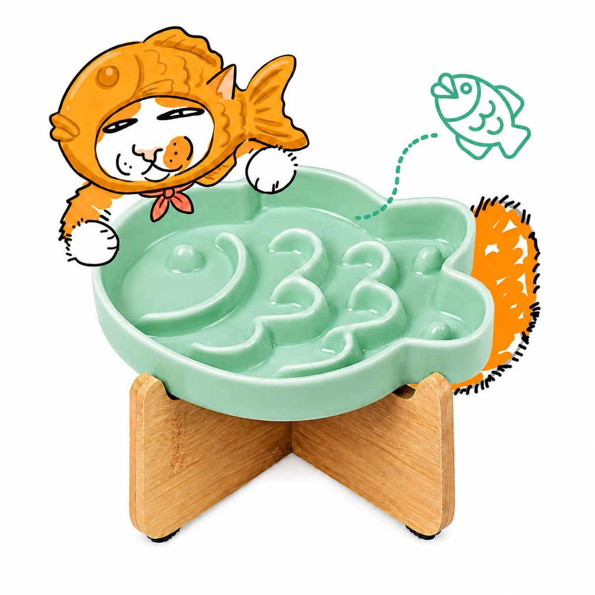 Ceramic Cat Slow Feeder Bowl, Shallow Whisker Friendly Cat Plate for Dry and Wet Food, Puzzle Feeder for Slow Eating, Helps Reduce Vomiting, Microwave & Dishwasher Safe(Green)