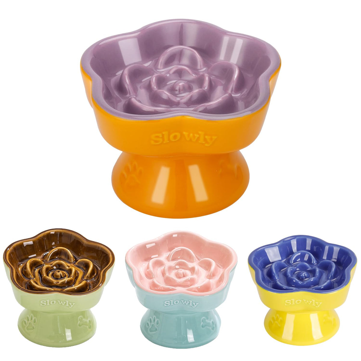 S&Q's CERAMICS Raised Slow Feeder Cat Bowl, Ceramic Elevated and Titled Glass Food Bowl Small Dogs Slow Feeder, Flower Shaped Cute Cat Dish for Dry and Wet Food (Pink, 5.8")
