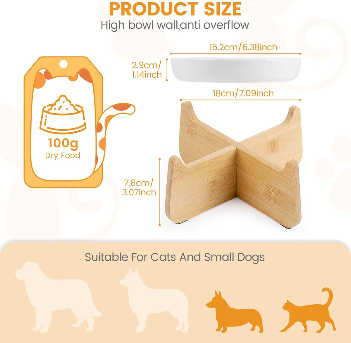 PETTOM Slow Feeder Cat Bowl Elevated Ceramic with Bamboo Stand, White Fish
