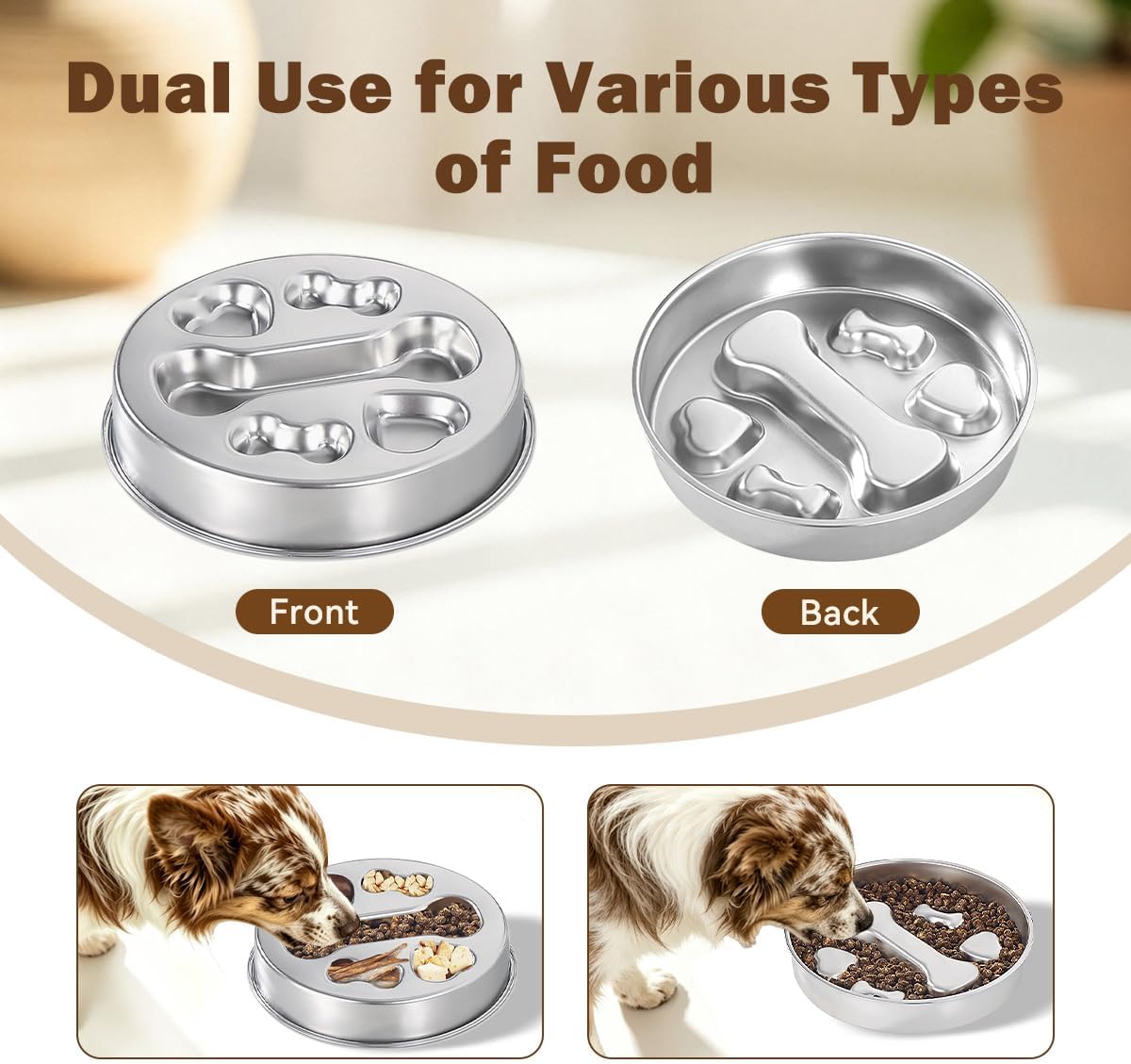 Slow Feeder Dog Bowl 304 Stainless Steel, 2 Cups Cat Slow Feeder for Small Medium Breed, Non-Slip Metal Puzzle Maze Dishes Set for Food Water to Slow Eating, Pet Feeder Plate Large Capacity, Round