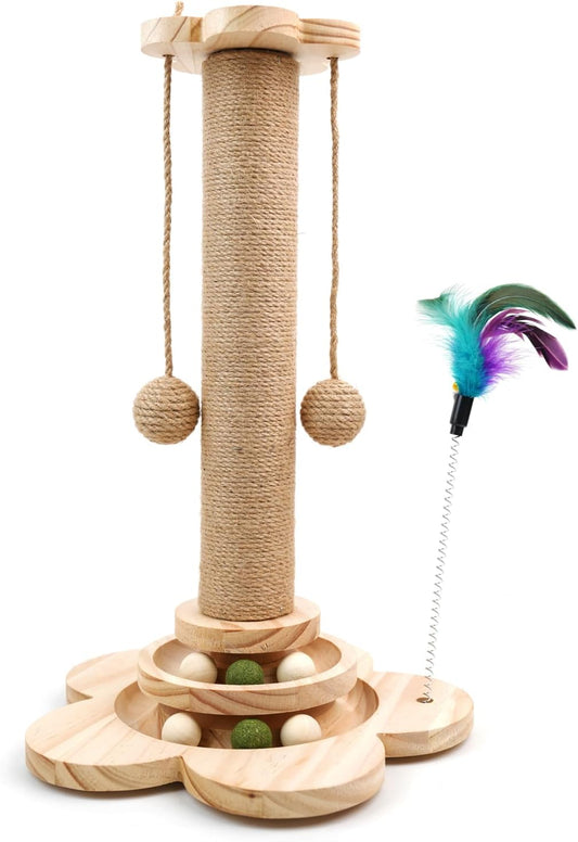 Cat Scratching Post, 4 in 1 Wooden Cat Scratcher Toy, 18.11" Tall Scratch Post with 2 Level Cat Track Balls, Interactive Feather Toy and 2 Sisal Hanging Balls for Indoor Kittens, Adult Cats