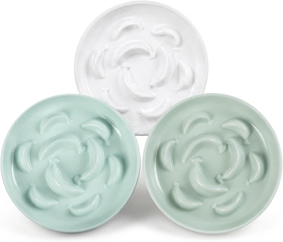 Melamine Slow Feeder Cat Bowls - 3 Pack Cat Food Dishes, 6.3 Inch Wide Opening Whisker Friendly Maze Plates for Dry and Wet Food, Dishwasher Safe, White, Blue, Green