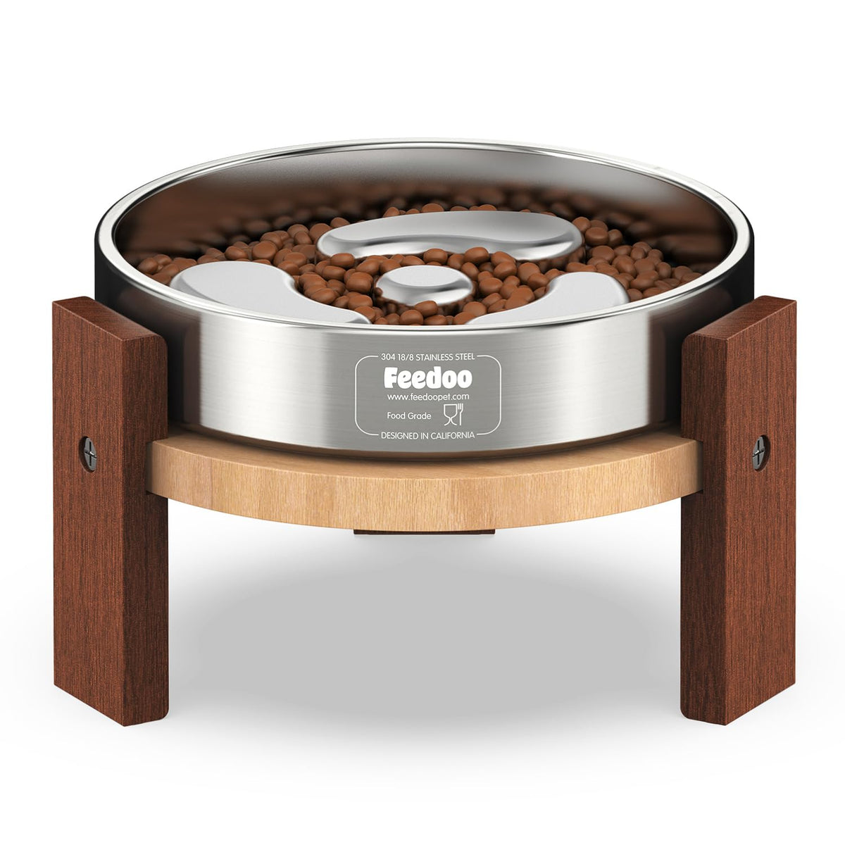 Feedoo Elevated Dog Bowl Stand, 6'' Height Raised Stand for Medium Dogs, Includes 2Cups Stainless Steel Slow Feeder Dog Bowl, Durable Solid Hardwood