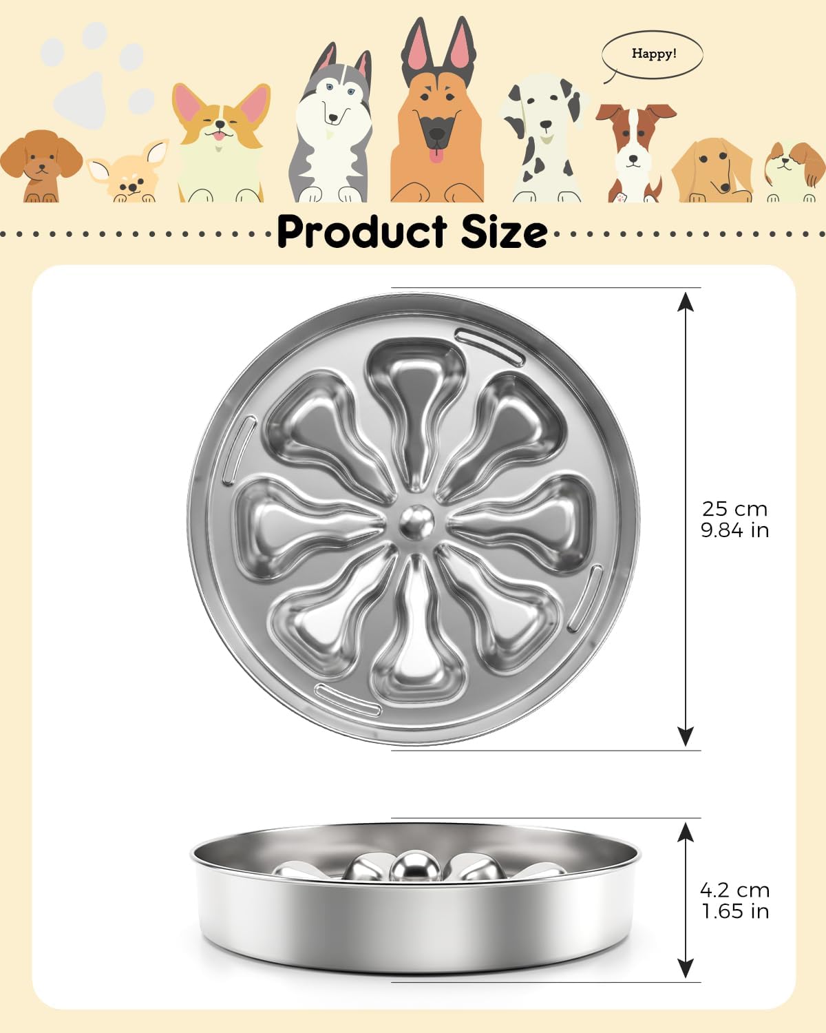 Slow Feeder Dog Bowls – Stainless Steel Non-Slip Metal Bowl for Slow Feeding, 5 Cups Large Capacity, Double-Sided Design for Dry, Wet, or Raw Food, Ideal for Small, Medium, Large Dogs