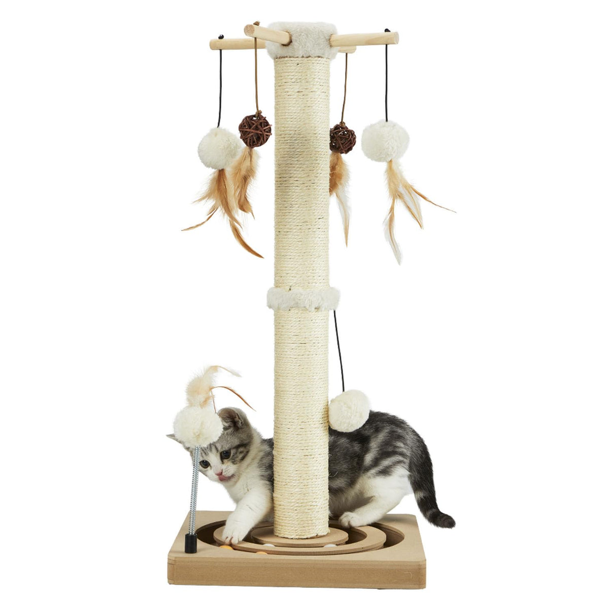 PEEKAB Cat Scratching Post Sisal Scratch Posts for Indoor Cats and Kittens,with Tracking Ball Interactive Toys and Hanging Balls 25 Inches Beige