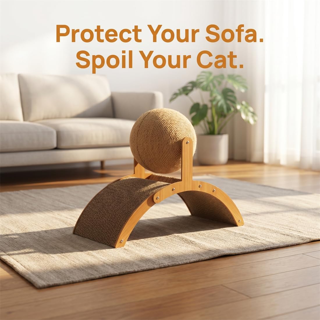 Interactive Cat Scratching Ball on Stand, Wobble Ball Scratcher with Arch Bridge Design, Sisal Rope Scratch Board, Spinning Toy for Indoor Cats (S)
