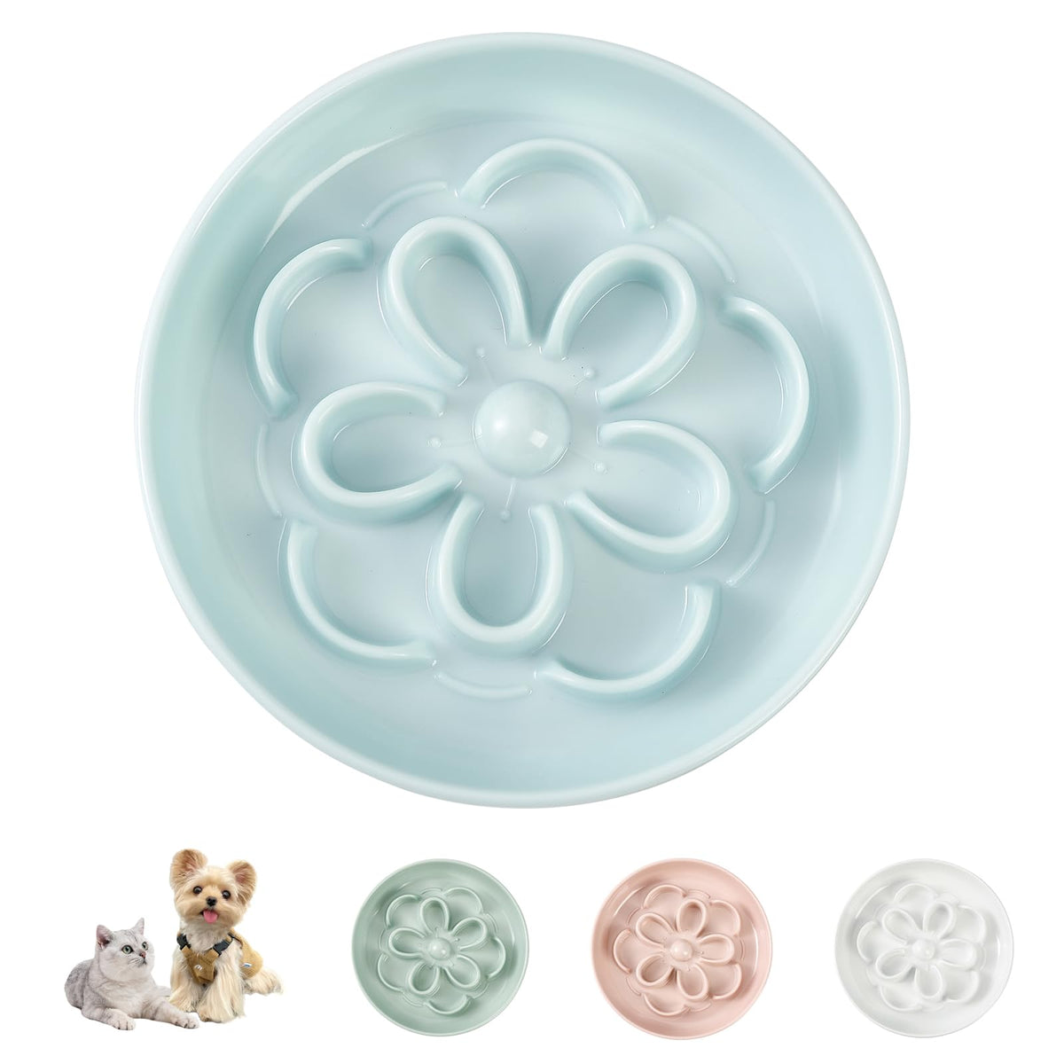 Melamine Cat Slow Feeder Bowl - Floral Maze Cat Food Dish - Flat Plate for Dry & Wet Food - Cute Kitten Bowl - Dishwasher Safe - 6.3'' W x 1'' H - 5.5 oz (160g) - Green