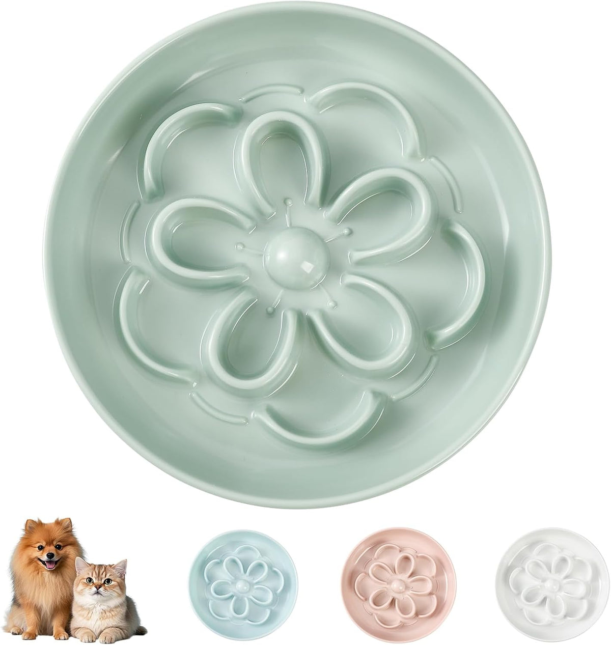 Melamine Cat Slow Feeder Bowl - Floral Maze Cat Food Dish - Flat Plate for Dry & Wet Food - Cute Kitten Bowl - Dishwasher Safe - 6.3'' W x 1'' H - 5.5 oz (160g) - Green