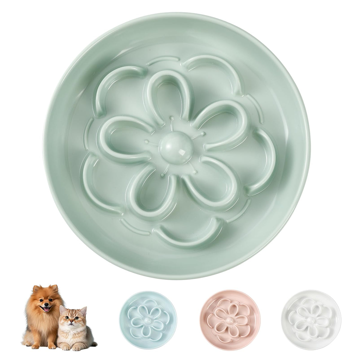 Melamine Cat Slow Feeder Bowl - Floral Maze Cat Food Dish - Flat Plate for Dry & Wet Food - Cute Kitten Bowl - Dishwasher Safe - 6.3'' W x 1'' H - 5.5 oz (160g) - Green