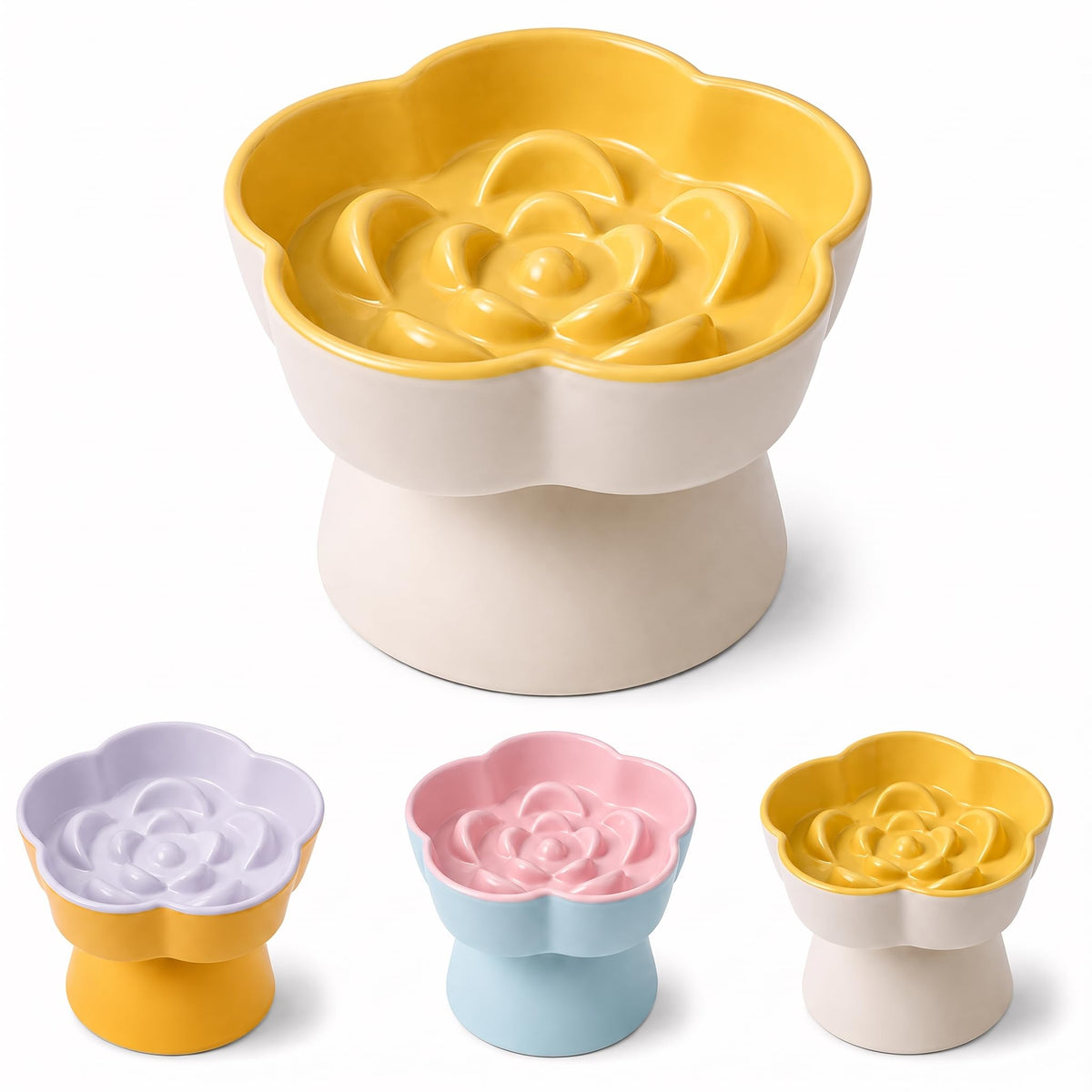 Ceramic Elevated Slow Feeder Cat Bowl, Raised and Gently Tilted Feeding Dish with Maze Design, Whisker-Friendly, Easy to Clean, for Indoor Cats and Small Dogs (Green/Ivory)