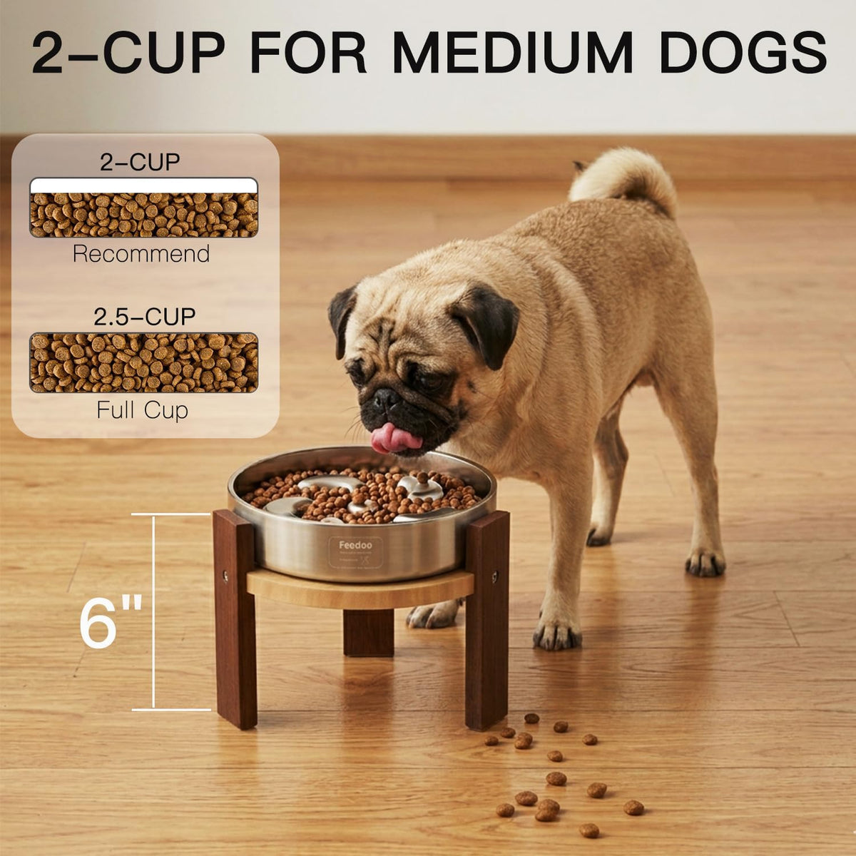 Feedoo Elevated Dog Bowl Stand, 6'' Height Raised Stand for Medium Dogs, Includes 2Cups Stainless Steel Slow Feeder Dog Bowl, Durable Solid Hardwood