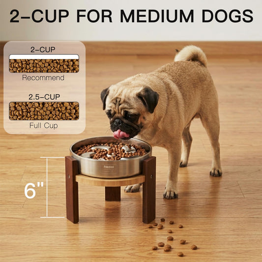 Feedoo Elevated Dog Bowl Stand, 6'' Height Raised Stand for Medium Dogs, Includes 2Cups Stainless Steel Slow Feeder Dog Bowl, Durable Solid Hardwood