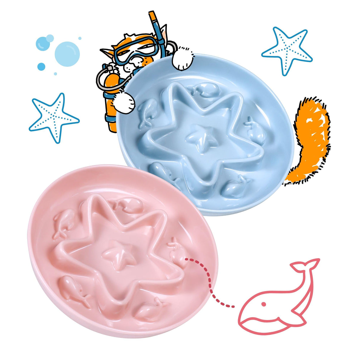 2 Pcs Cat Slow Feeder Bowl – Whisker Friendly Melamine Puzzle Feeding Cat Bowl for Slow Eating – Wet & Dry Food – Dishwasher Safe, Lightweight, Non-Slip (Buttercream + Coral Pink, 6.3'')