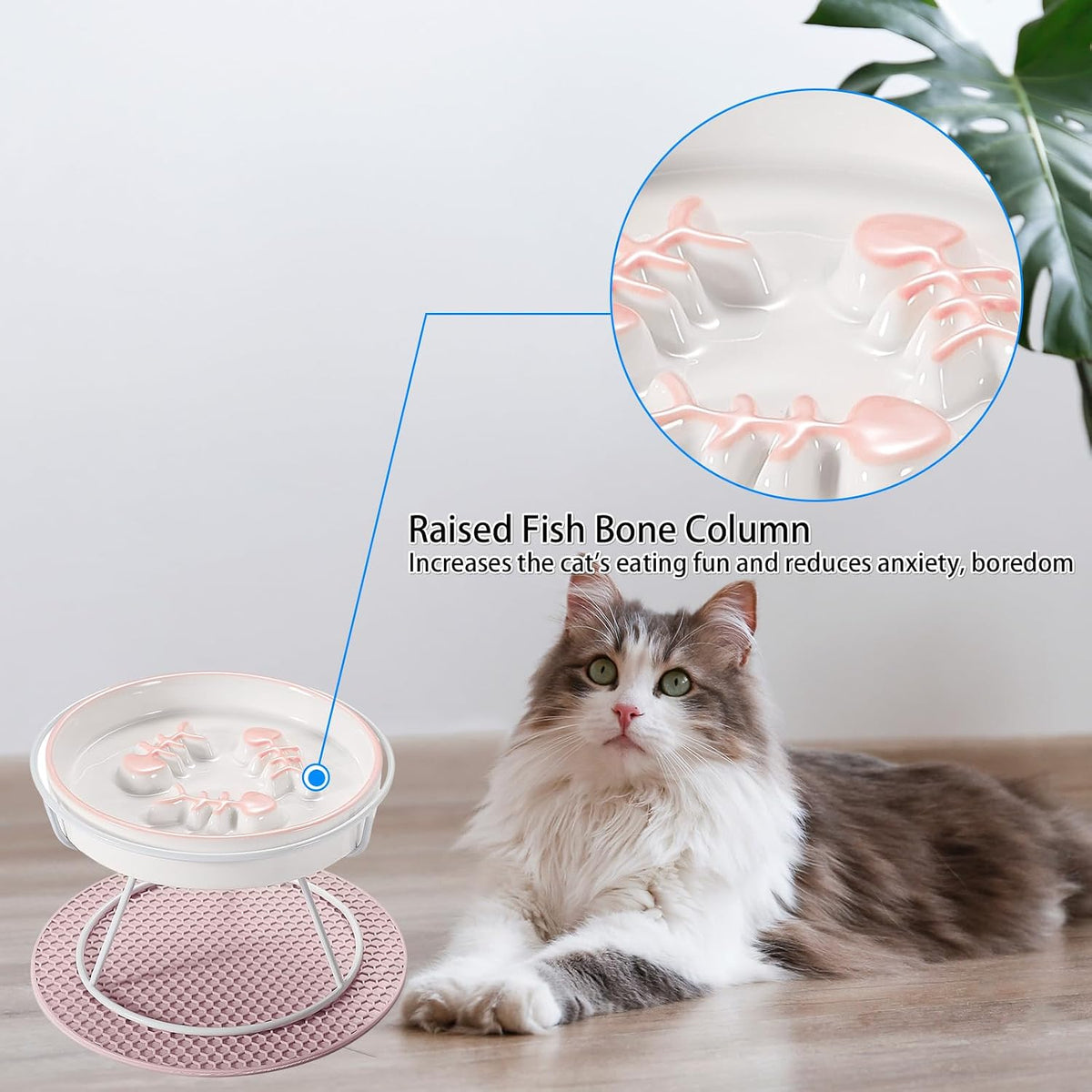 Ceramic Elevated Slow Feeder Cat Bowl, Anti Vomit, Removable Dish Pink