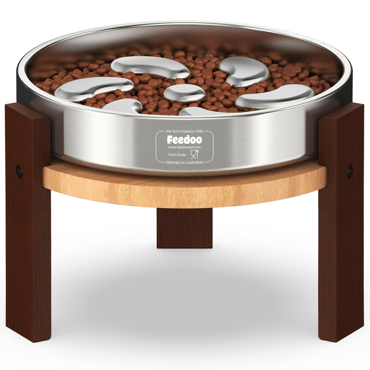Feedoo Elevated Dog Bowl Stand, 6'' Height Raised Stand for Medium Dogs, Includes 2Cups Stainless Steel Slow Feeder Dog Bowl, Durable Solid Hardwood