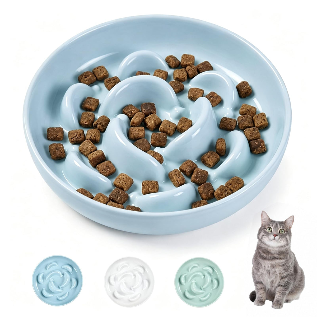 Melamine Cat Slow Feeder Bowl - Pastel Series Cat Plate for Dry and Wet Food - Cute Maze Feeder Dish for Healthy Eating - Dishwasher Safe - 6.3''W x 1.2''H - 7 OZ - Ivory White