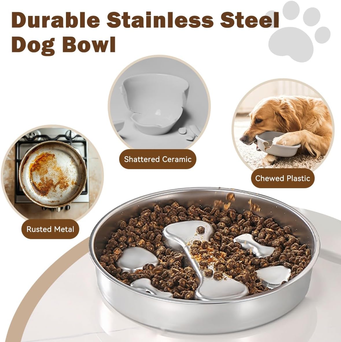 Slow Feeder Dog Bowl 304 Stainless Steel, 2 Cups Cat Slow Feeder for Small Medium Breed, Non-Slip Metal Puzzle Maze Dishes Set for Food Water to Slow Eating, Pet Feeder Plate Large Capacity, Round