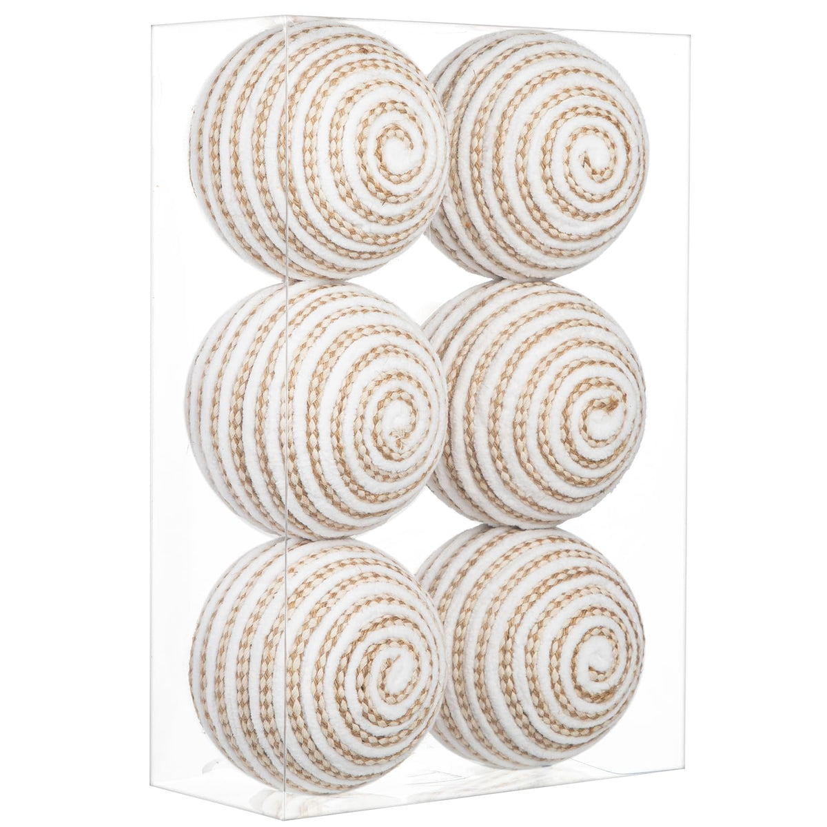 Briful 3.94'' Christmas Balls Ornament Set, 6PCS Large White and Tan Rope Decorative Yarn Balls Xmas Tree Hanging Ornaments with Strings for Xmas Home Decor