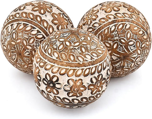 Decorative Balls Set of 3 Mango Wood Handmade Intricately Carved Ball with Floral Patterns (3" x 3"x 3")