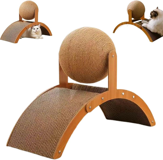 Cat Scratching Ball on Stand, Wobble Ball Cat Scratcher, 360° Rotating Sisal Ball Cat Scratcher with Wobble & Arch Bridge, Interactive Cat Scratching Post for Indoor Cats, Stable Wood Base (L)