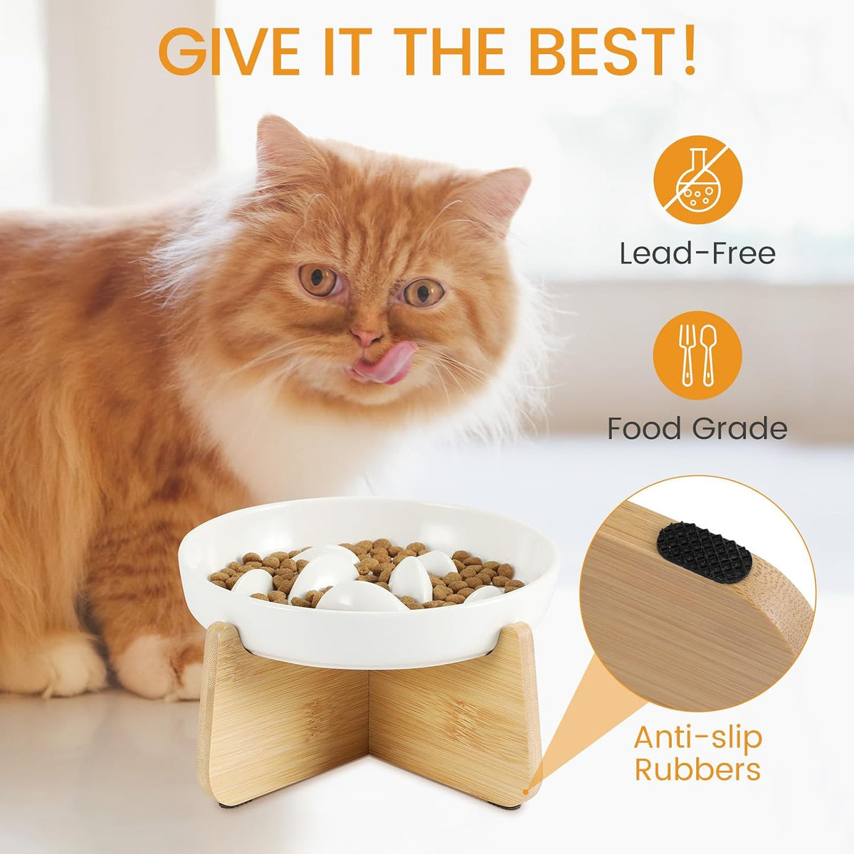 PETTOM Slow Feeder Cat Bowl Elevated Ceramic with Bamboo Stand, White Fish