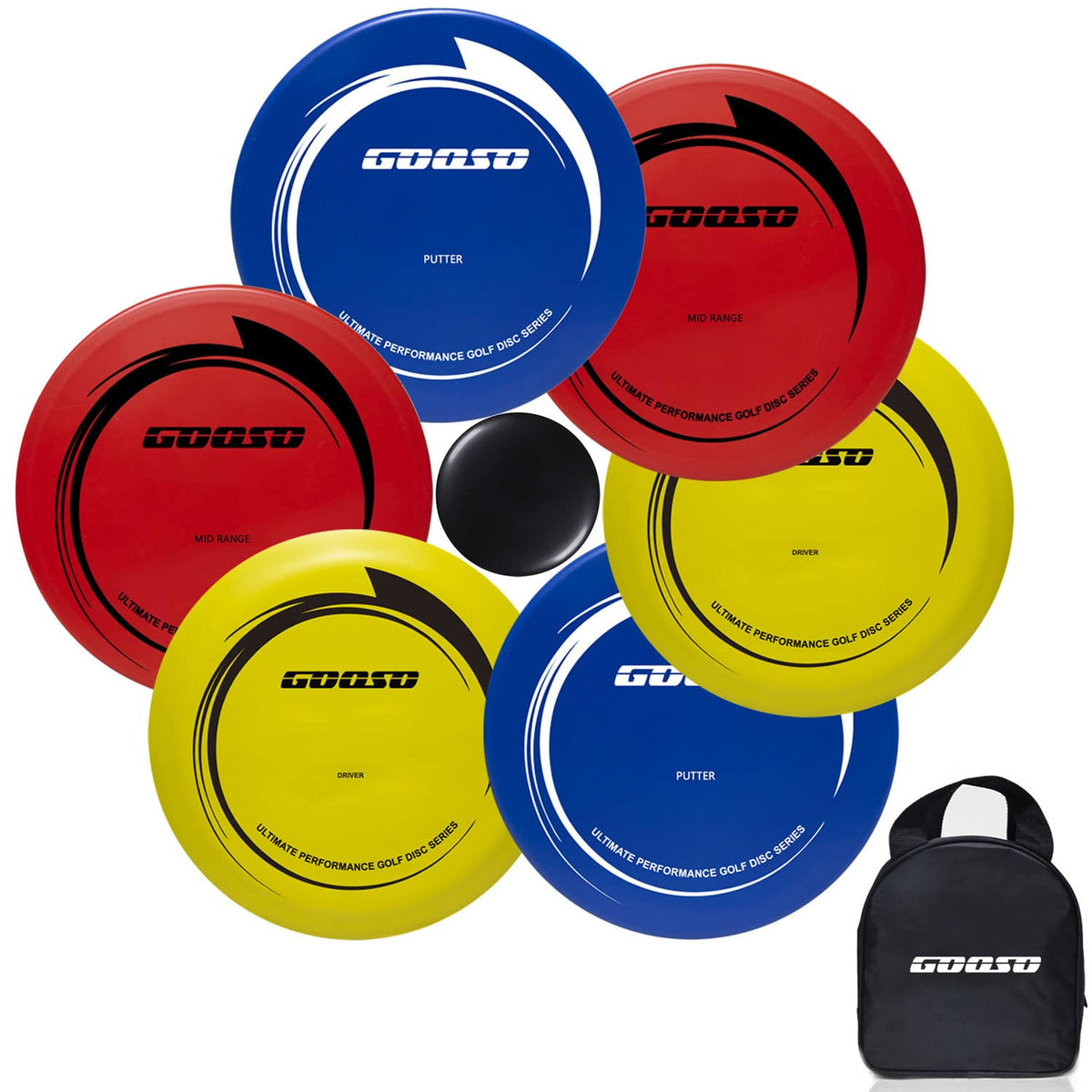 GOOSO Disc Golf Set - Driver, Mid-Range and Putter Discs with Disc Golf Bag for Outdoor and Backyard, Comfortable Plastic, 6 Pack