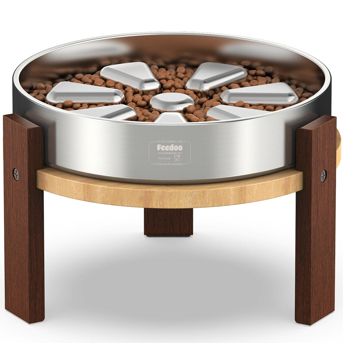 Feedoo Elevated Dog Bowl Stand, 6'' Height Raised Stand for Medium Dogs, Includes 2Cups Stainless Steel Slow Feeder Dog Bowl, Durable Solid Hardwood