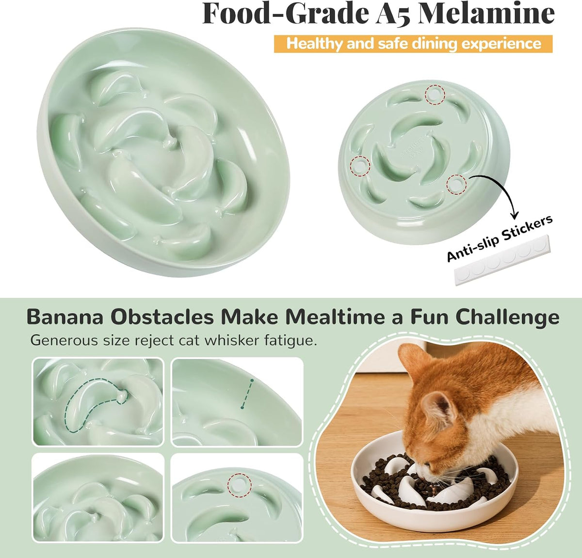 Melamine Slow Feeder Cat Bowls - 3 Pack Cat Food Dishes, 6.3 Inch Wide Opening Whisker Friendly Maze Plates for Dry and Wet Food, Dishwasher Safe, White, Blue, Green