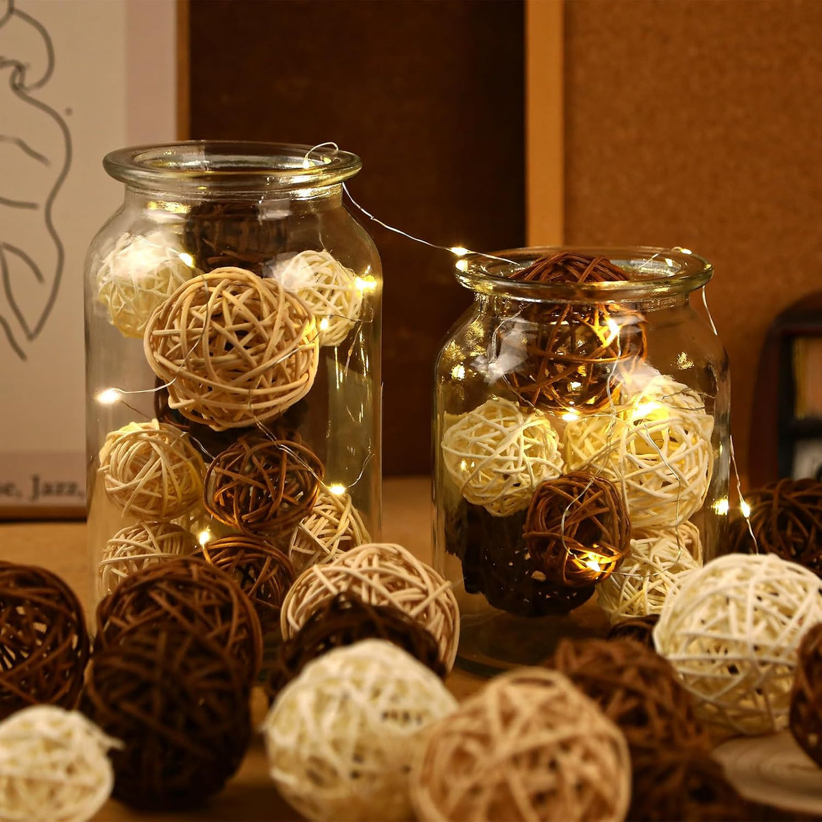 NOVWANG 40 Pcs Natural Wicker Rattan Balls, Table Centerpieces Vase Bowl Filler Hanging Decor DIY Craft House Ornament for Party Decoration