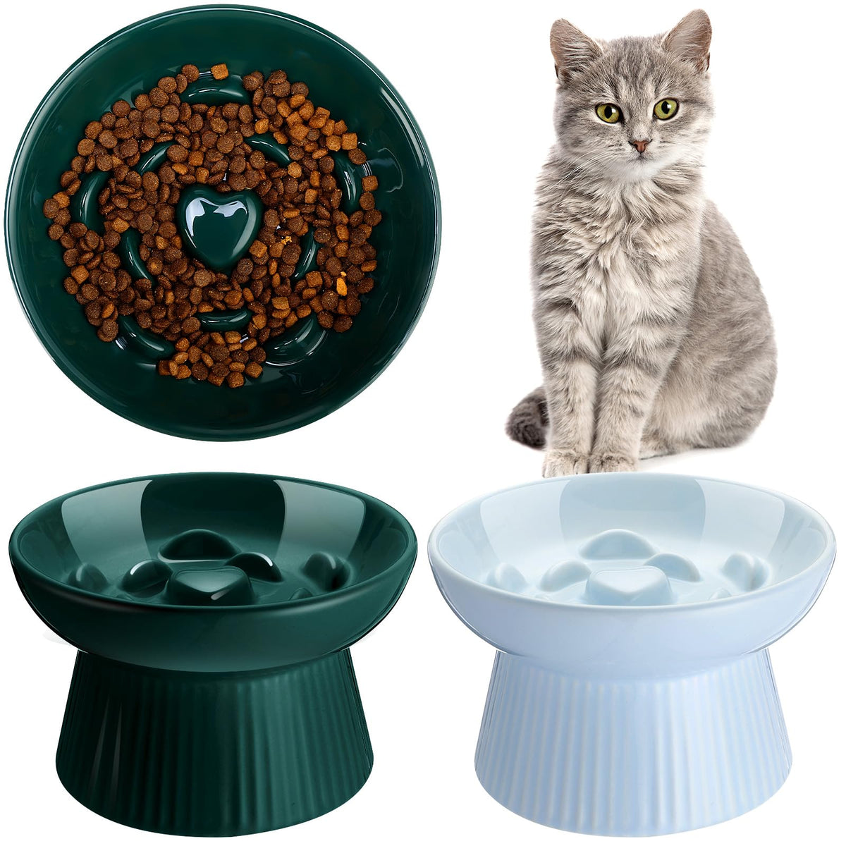 Tioncy 2 Pcs Ceramic Elevated Slow Feeder Cat Bowl, Dark Green