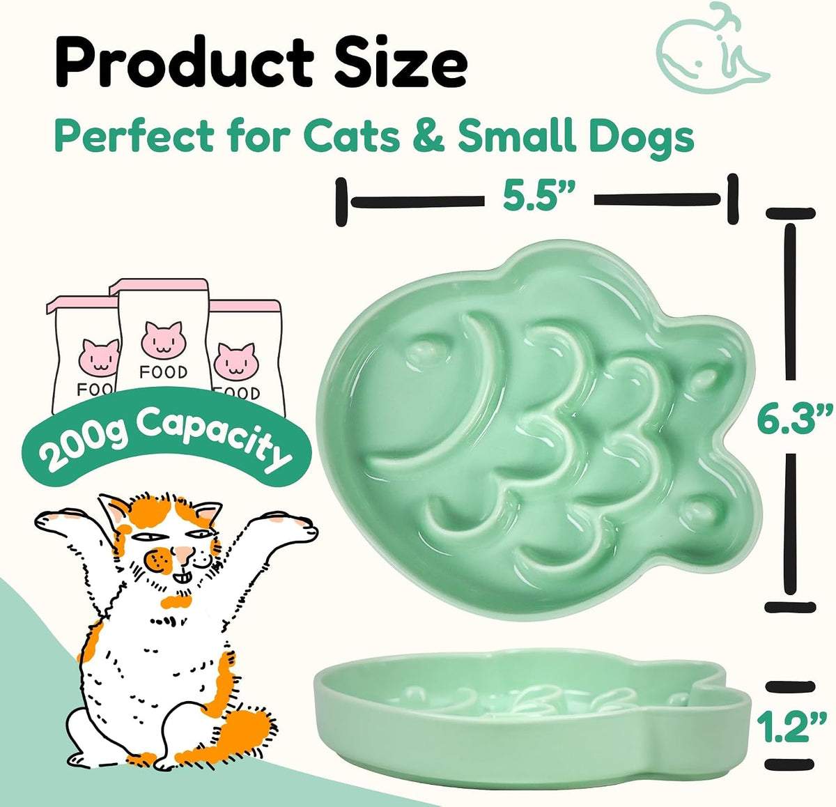 Ceramic Cat Slow Feeder Bowl, Shallow Whisker Friendly Cat Plate for Dry and Wet Food, Puzzle Feeder for Slow Eating, Helps Reduce Vomiting, Microwave & Dishwasher Safe(Green)