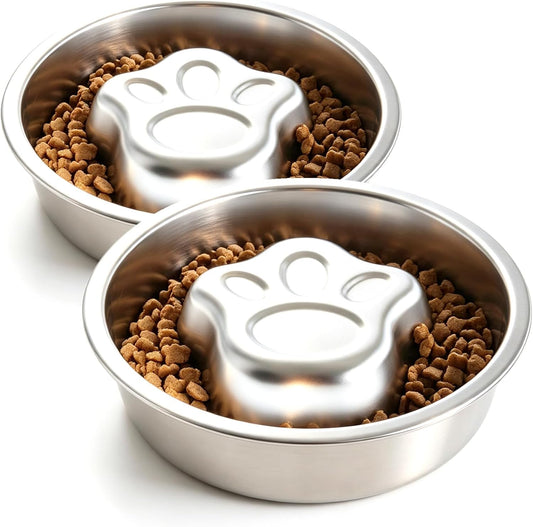 Stainless Steel Slow Feeder Dog Bowls,Slow Food Bowl for Dog & Cat - 1 Cups Capacity,Paw-Shaped Design Pet Food Holder,Metal Non-Slip Lick Plate,Puzzle Maze Dish for Small Sized Breeds - 2 Pack